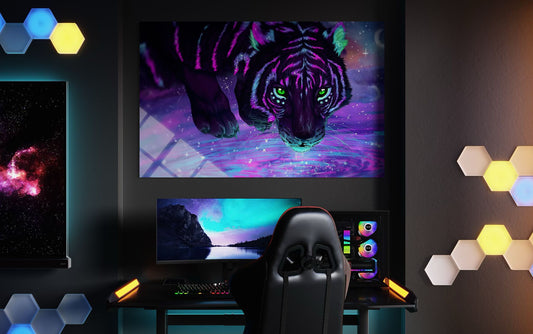 Neon Tiger Glass Wall Art – Bold Modern Wildlife Decor