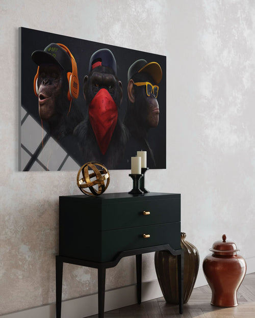Three Monkeys Glass Wall Art – Wisdom Wildlife Home Decor